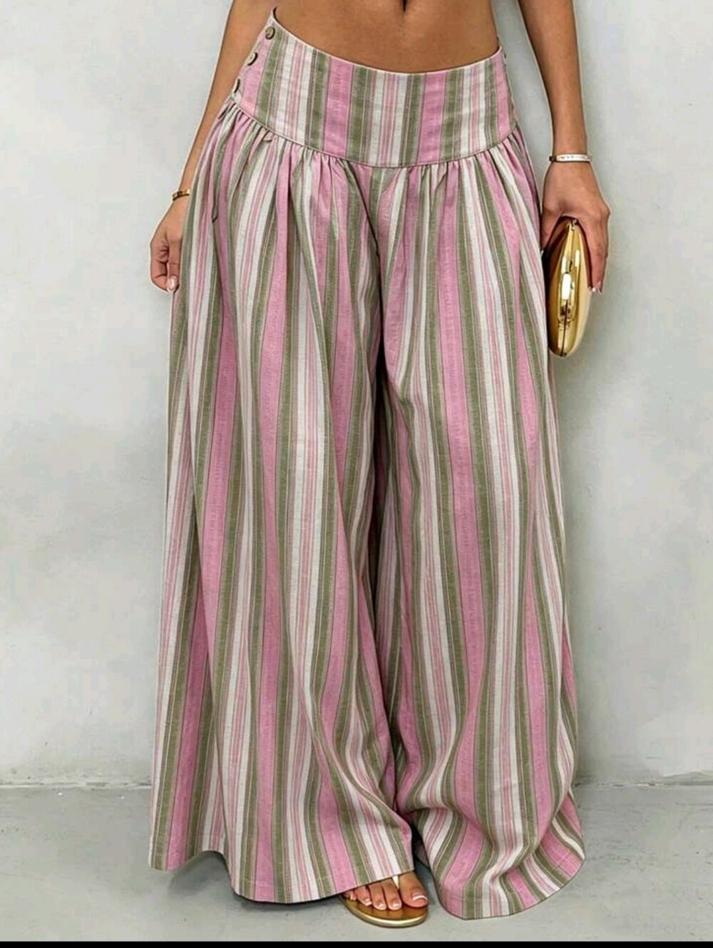 Striped Wide-Leg Palazzo Pants - Pink & Green - Picture 1 of 5